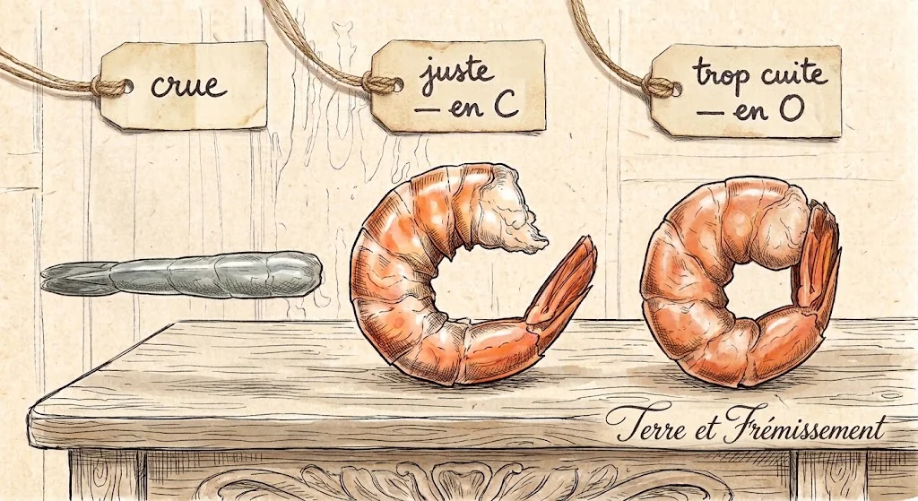 Dessin au crayon rehaussé d'aquarelle de trois crevettes décortiquées, chacune sous une étiquette manuscrite : à gauche, une crevette crue, grise et parfaitement droite, étiquetée « crue » ; au centre, une crevette cuite rose-orangé courbée en C ouvert, étiquetée « juste, en C » ; à droite, la même crevette refermée en O serré, la queue contre la tête, étiquetée « trop cuite, en O ».
