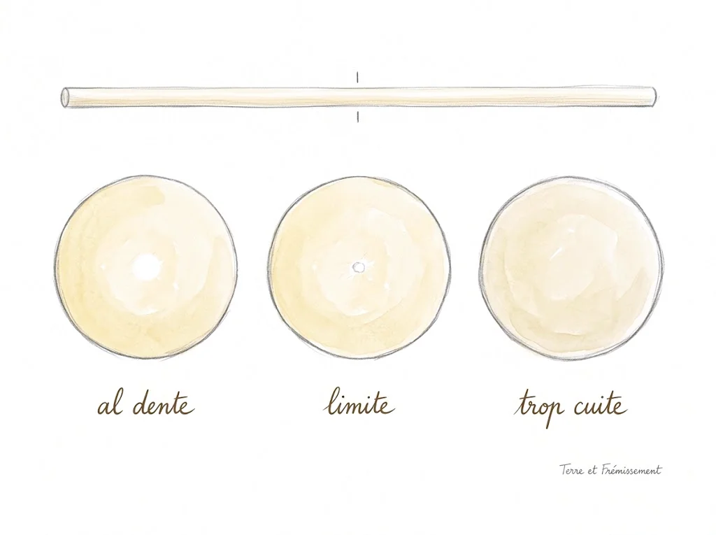 Dessin au crayon rehaussé d'aquarelle : un spaghetti entier, avec un trait marquant l'endroit de la coupe, et en dessous trois coupes de spaghetti très agrandies. La première, « al dente », porte un point blanc opaque au centre ; la deuxième, « limite », un point réduit à un minuscule point ; la troisième, « trop cuite », est uniforme, sans point blanc.
