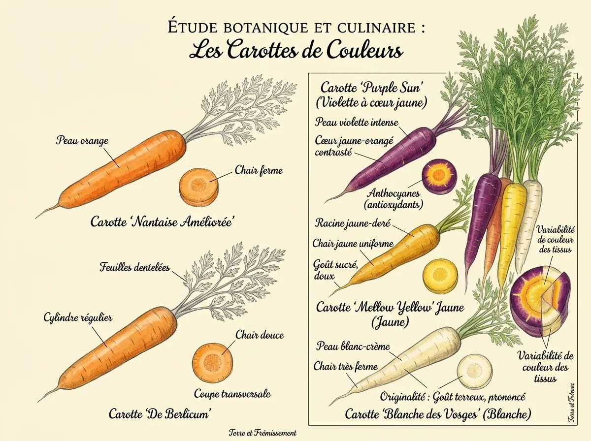 Dessin au crayon rehaussé d'aquarelle sur papier crème, titré « Les carottes de couleurs ». À gauche, deux carottes orange avec leurs fanes grises, chacune avec une rondelle : une « Nantaise améliorée » et une « De Berlicum ». À droite, dans un cadre, une carotte violette à cœur jaune-orangé avec sa rondelle, une carotte jaune avec sa rondelle, une carotte blanc crème avec sa rondelle, une botte de carottes violette, orange, jaune et blanche, et un disque violet découpé en parts. Des étiquettes nomment les couleurs et les parties.
