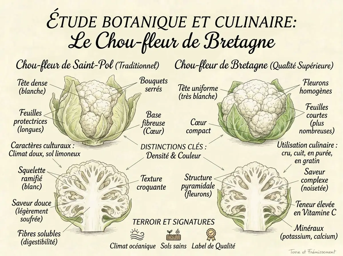 Dessin au crayon rehaussé d'aquarelle sur fond crème, titré « Étude botanique et culinaire : le chou-fleur de Bretagne ». À gauche, un chou-fleur dit « de Saint-Pol, traditionnel », entier, entouré de longues feuilles protectrices vert pâle, à la tête blanche et dense, aux bouquets serrés et à la base fibreuse, puis le même coupé en deux avec son squelette ramifié, noté « saveur douce, légèrement soufrée » et « texture croquante ». À droite, un chou-fleur dit « de Bretagne, qualité supérieure », à la tête très blanche et uniforme, aux fleurons homogènes et aux feuilles plus courtes et plus nombreuses, puis le même coupé en deux, à la structure pyramidale, noté « saveur complexe, noisetée ». En bas, trois pictogrammes : climat océanique, sols sains, label de qualité.
