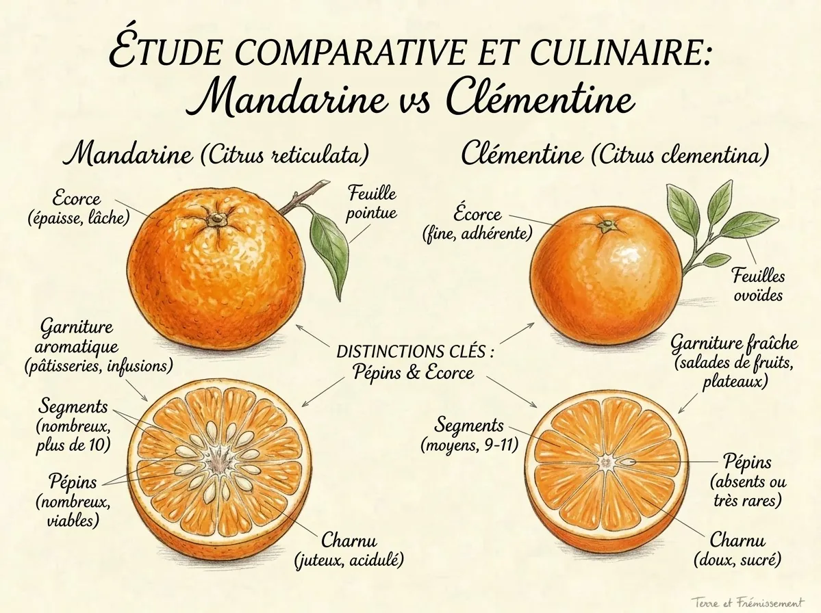 Dessin au crayon rehaussé d'aquarelle sur fond crème, titré « Étude comparative et culinaire : mandarine contre clémentine ». À gauche, une mandarine (Citrus reticulata) entière, à l'écorce épaisse et lâche, avec une feuille pointue, et la même coupée en deux : plus de dix segments et des pépins nombreux, chair juteuse et acidulée, notée « garniture aromatique, pâtisseries, infusions ». À droite, une clémentine (Citrus clementina) entière, à l'écorce fine et adhérente, avec des feuilles ovoïdes, et la même coupée en deux : neuf à onze segments, pépins absents ou très rares, chair douce et sucrée, notée « garniture fraîche, salades de fruits, plateaux ». Au centre, les distinctions clés : pépins et écorce.
