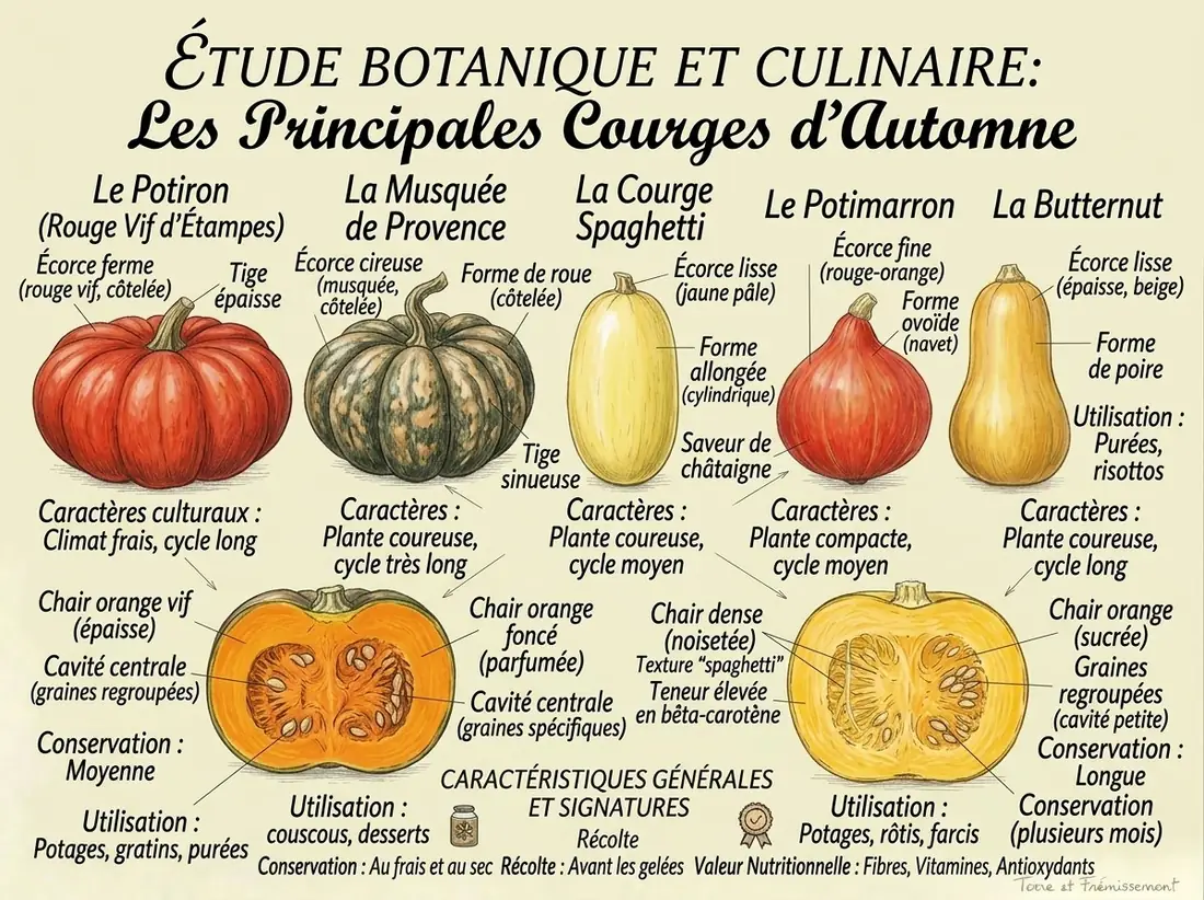 Dessin au crayon rehaussé d'aquarelle sur fond crème, titré « Étude botanique et culinaire : les principales courges d'automne ». Cinq courges côte à côte : un potiron rouge vif d'Étampes, aplati et côtelé, à la tige épaisse ; une musquée de Provence en forme de roue côtelée, vert foncé tachée d'orange, à la tige sinueuse ; une courge spaghetti allongée, jaune pâle, à l'écorce lisse ; un potimarron rouge orangé, ovoïde, à l'écorce fine ; une butternut en forme de poire, beige. Deux coupes montrent la chair orange, les graines et la cavité. Des étiquettes notent l'écorce, la forme, la chair, la conservation et l'usage. En bas, trois pictogrammes : conservation au frais et au sec, récolte avant les gelées, valeur nutritionnelle.
