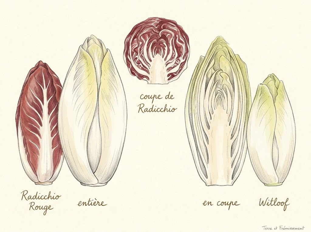 Dessin au crayon rehaussé d'aquarelle sur fond crème, de cinq chicorées. Au centre en haut, une coupe de radicchio : disque rouge sombre aux feuilles nervurées de blanc autour d'un cœur clair. En bas à gauche, un radicchio rouge entier, allongé. À côté, une endive entière blanc crème aux feuilles serrées, teintée de jaune pâle vers la pointe. À droite, une endive coupée en deux dans la longueur, qui montre les feuilles empilées autour d'un cœur blanc au centre, et une petite endive entière étiquetée « witloof ».
