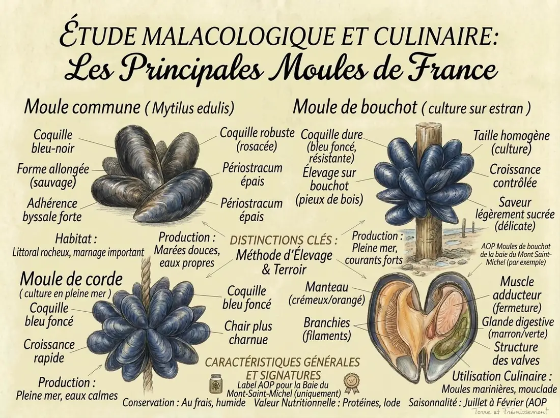 Dessin au crayon rehaussé d'aquarelle sur fond crème, titré « Étude malacologique et culinaire : les principales moules de France ». En haut à gauche, une moule commune (*Mytilus edulis*) sauvage, à la coquille allongée bleu-noir. En haut à droite, une moule de bouchot, cultivée sur un pieu de bois planté dans l'estran, à la coquille dure, bleu foncé et résistante, de taille homogène, à la saveur légèrement sucrée, avec un pictogramme d'appellation : « AOP Moules de bouchot de la baie du Mont-Saint-Michel (par exemple) ». En bas à gauche, une moule de corde, cultivée en pleine mer, en grappe sur une corde, à la coquille bleu foncé. En bas à droite, une moule ouverte montrant le manteau crémeux à orangé, les branchies en filaments, le muscle adducteur qui ferme la coquille et la glande digestive marron et verte. En bas, des mentions : label AOP pour la baie du Mont-Saint-Michel uniquement, conservation au frais et humide, valeur nutritionnelle (protéines, iode), saisonnalité de juillet à février pour l'AOP.
