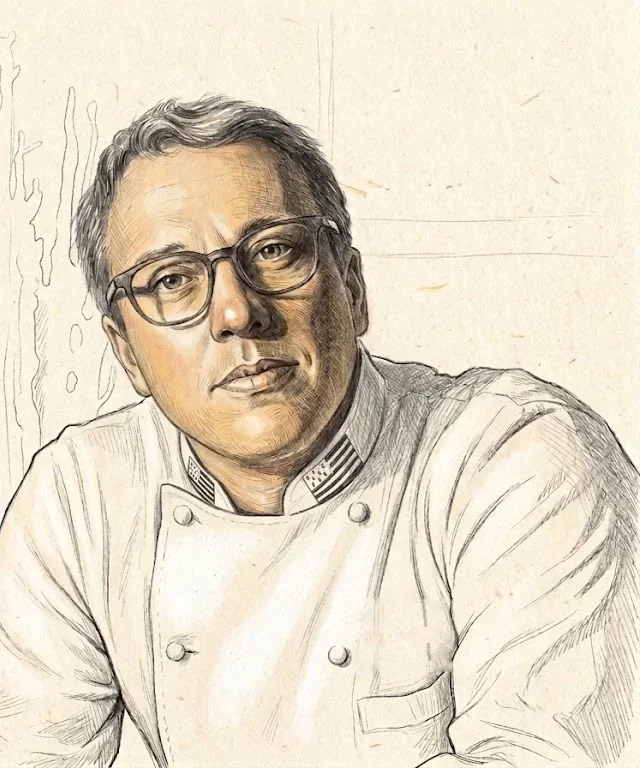 Dessin au crayon de François Pichon en veste blanche de cuisinier, lunettes à monture sombre, accoudé devant une cloison de bois dont les veines sont esquissées au trait